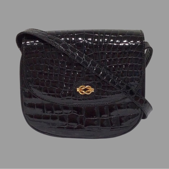 FOR ART-BAG Patent Leather Croc Embossed Small Crossbody, Made in Italy, Black - Picture 2 of 12